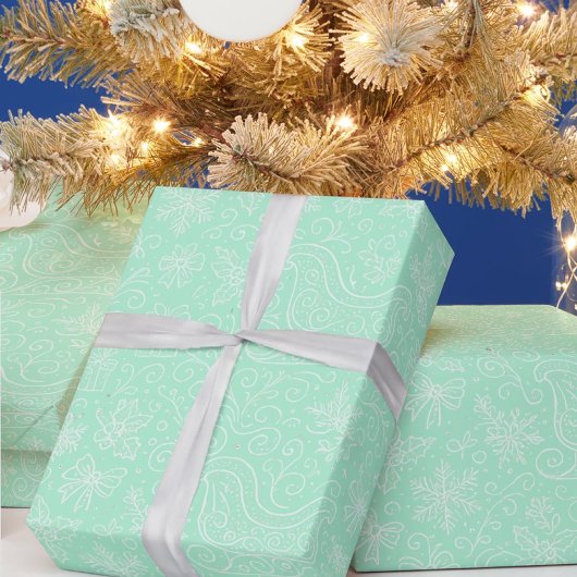 Mint Green Doodle Weihnachts-Schlittenmuster Geschenkpapier