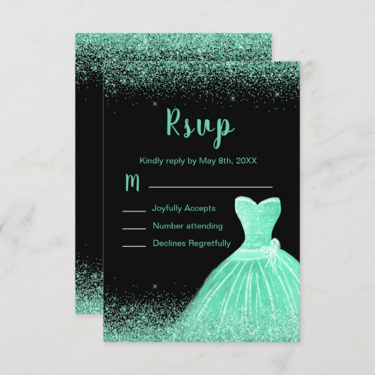 Mint Green Dress Faux Glitter Quinceanera RSVP Karte (Vorne/Hinten)