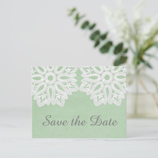 Mint Green Elegance Spitze Save the Date Postkarte (Stehend Vorderseite)
