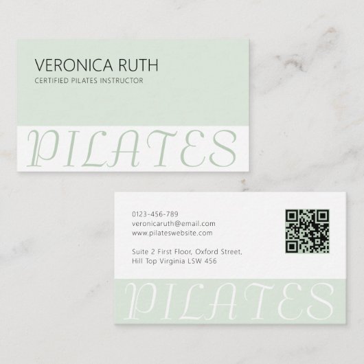 Mint Green Elegant Minimalistisch Pilates QR Code Visitenkarte (Vorne/Hinten)