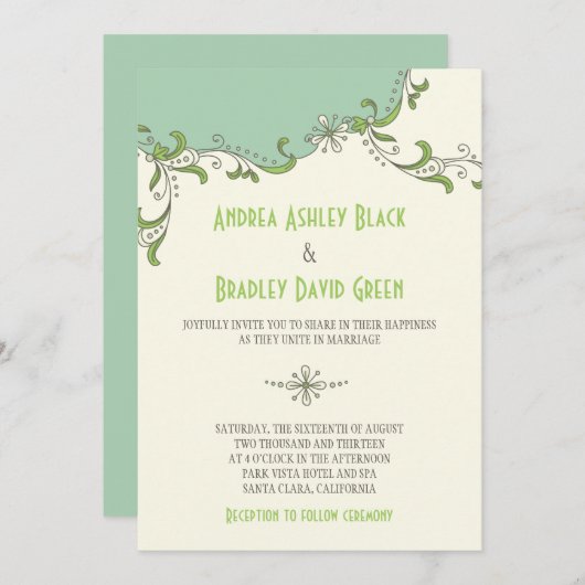 Mint Green Elfenbein Blumengarland Einladung Hochz (Vorne/Hinten)