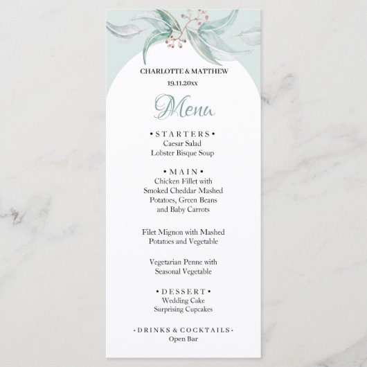 Mint Green Eucalyptus Watercolor Handgemalt Menükarte (Vorderseite)