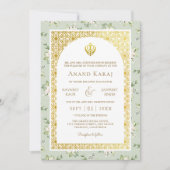 Mint Green Floral Anand Karaj Punjabi Sikh Wedding Einladung (Vorderseite)