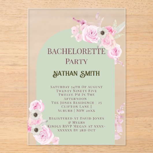 Mint Green Floral Arch Summer Junggeselinnen-Absch Acryleinladungen (Vorderseite)