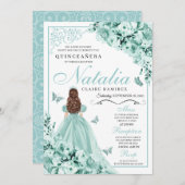 Mint Green Floral Butterflies Quinceanera Einladung (Vorne/Hinten)