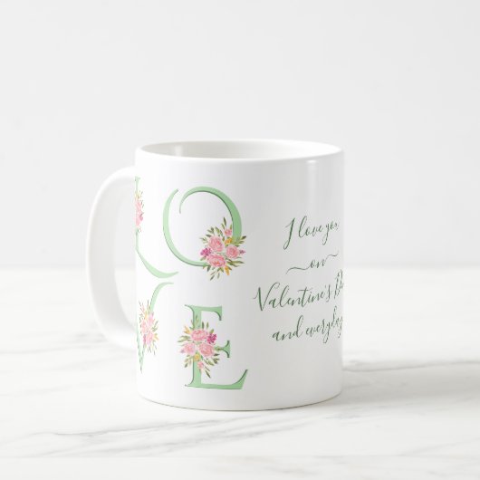 Mint green floral Love typography Valentines Day Kaffeetasse (Vorderseite Links)