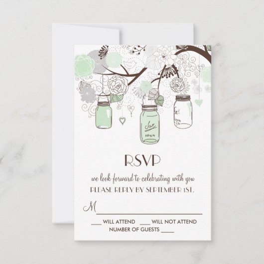 Mint Green Floral Mason Jars Wedding RSVP Card (Vorderseite)