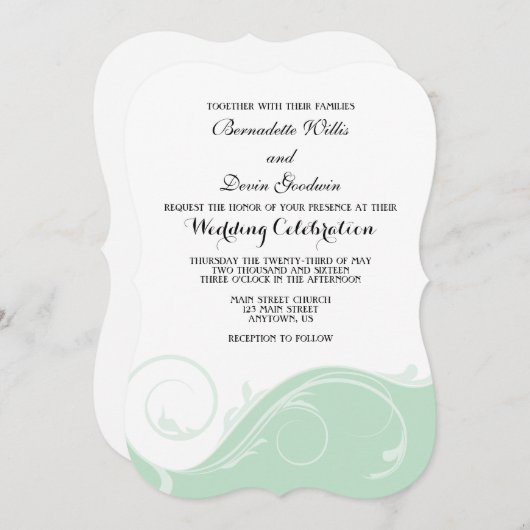 Mint Green Floral Swirl Bracket Wedites Einladung (Vorne/Hinten)