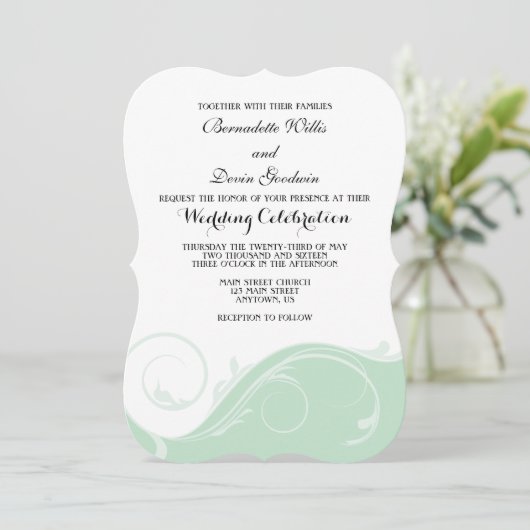 Mint Green Floral Swirl Bracket Wedites Einladung (Stehend Vorderseite)