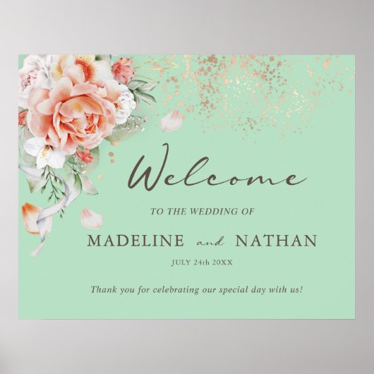 Mint Green & Floral Wedding Welcome Poster (Vorne)