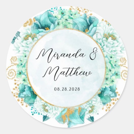 Mint Green Florals und Gold Foliage Wedding Runder Aufkleber (Vorderseite)