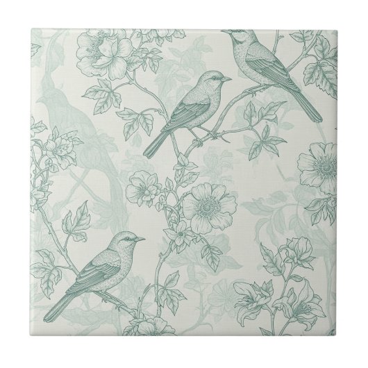 Mint Green French Country Birds and Floral Toile 2 Fliese (Vorderseite)