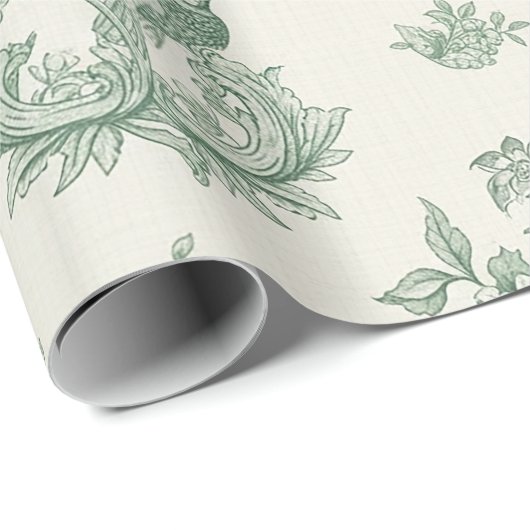 Mint Green French Country Birds and Floral Toile 4 Geschenkpapier (Rolleneckpunkt)