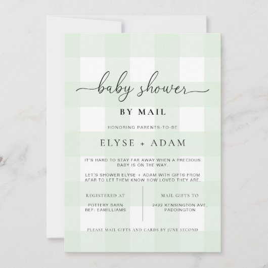Mint Green Gingham Baby Shower by Mail Einladung (Vorderseite)