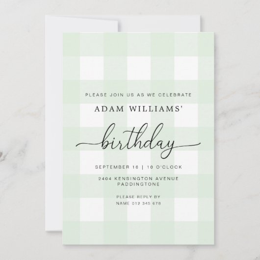 Mint Green Gingham Birthday Einladung (Vorderseite)