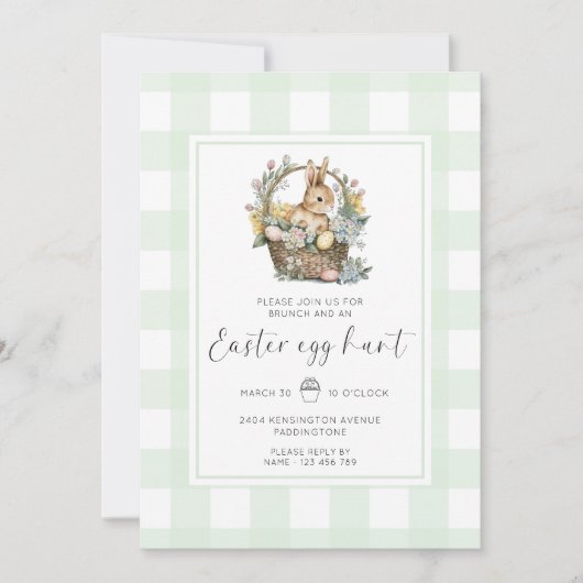 Mint Green Gingham Bunny Easter Egg Hunt Einladung (Vorderseite)
