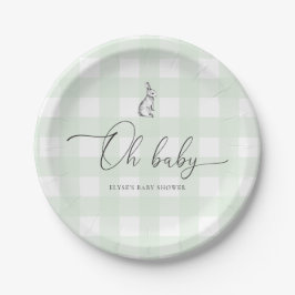 Mint Green Gingham Bunny Rabbit Baby Shower Pappteller