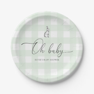Mint Green Gingham Bunny Rabbit Baby Shower Pappteller