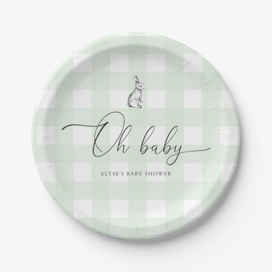 Mint Green Gingham Bunny Rabbit Baby Shower Pappteller (Vorderseite)