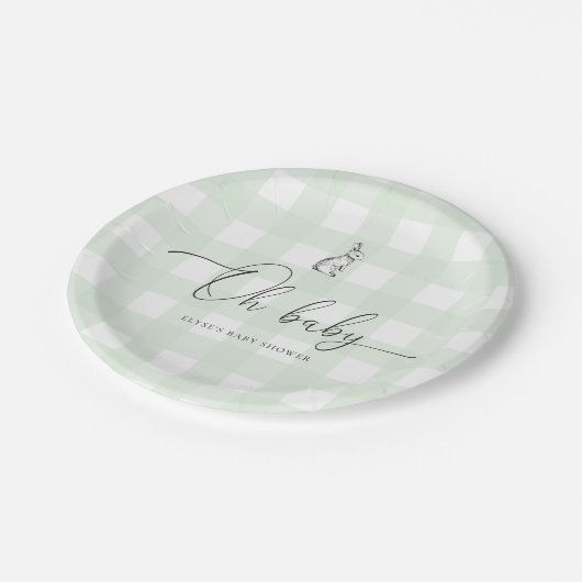 Mint Green Gingham Bunny Rabbit Baby Shower Pappteller (Schrägansicht)