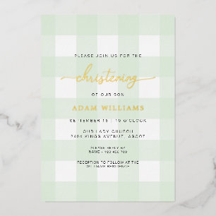 Mint Green Gingham Christening Foil Einladung