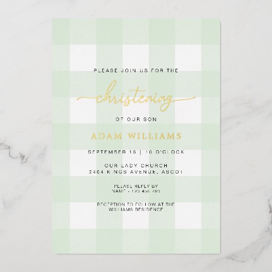 Mint Green Gingham Christening Foil Einladung (Vorderseite)
