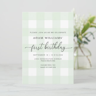 Mint Green Gingham Einladung zum ersten Geburtstag