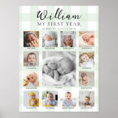 Mint Green Gingham First Birthday Photo Timeline Poster (Vorne)