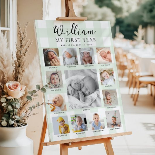 Mint Green Gingham First Birthday Photo Timeline Poster