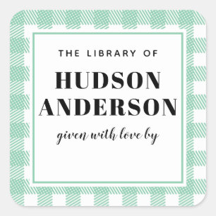 Mint Green Gingham Kariert Baby Boy Book Plate Quadratischer Aufkleber
