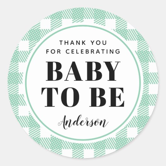 Mint Green Gingham Kariert Danke Baby Runder Aufkleber (Vorderseite)