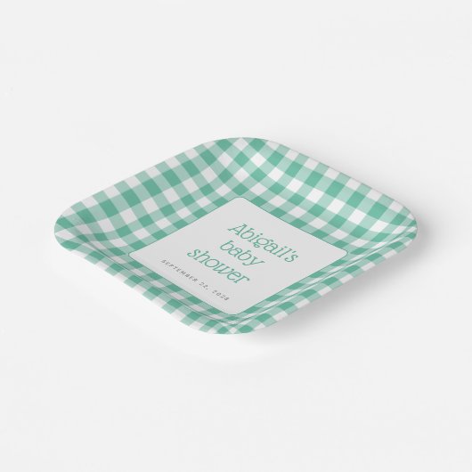Mint Green Gingham Karo Rustic Baby Dusche Pappteller (Gewinkelt)