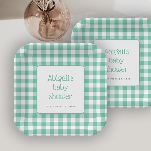 Mint Green Gingham Karo Rustic Baby Dusche Pappteller