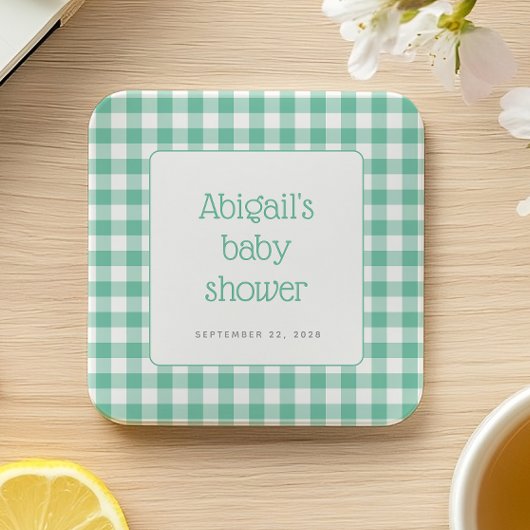 Mint Green Gingham Karo Rustic Baby Dusche Rechteckiger Pappuntersetzer