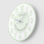 Mint Green Gingham Karo und Polka Dot Numbers Große Wanduhr (Winkel)