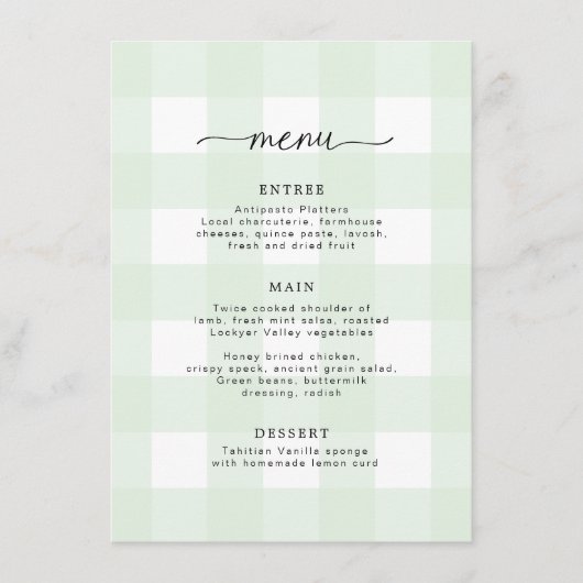 Mint Green Gingham Menu Menükarte (Vorderseite)