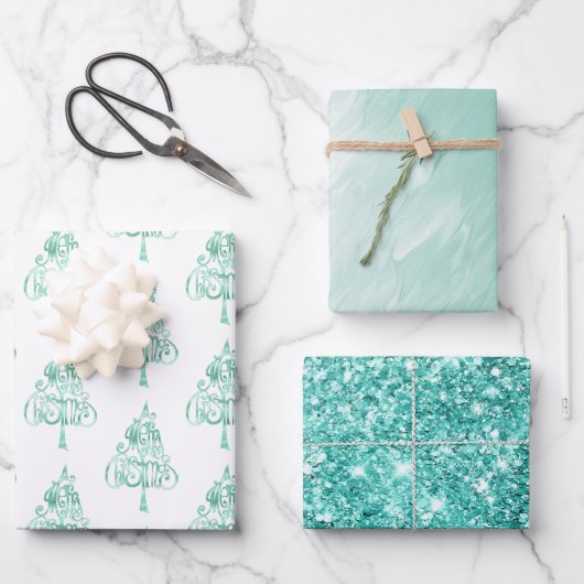 Mint Green Glam Glitzer Weihnachten Geschenkpapier Set (Vorderseite)