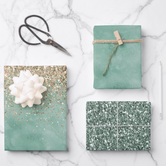 Mint Green Glam Gold Sparkle Glitzer Geschenkpapier Set (Vorderseite)
