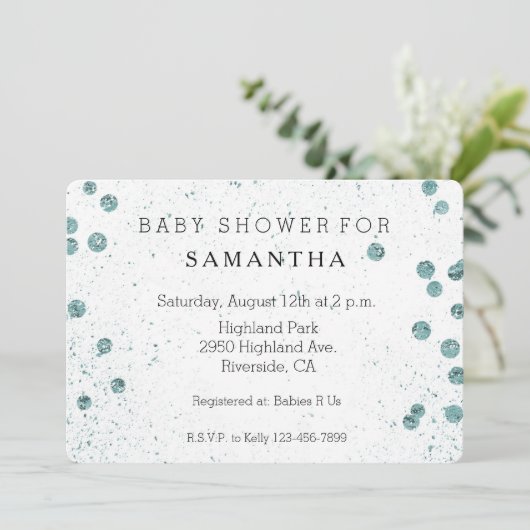 Mint Green Glittery Confetti Babydusche Einladung (Stehend Vorderseite)