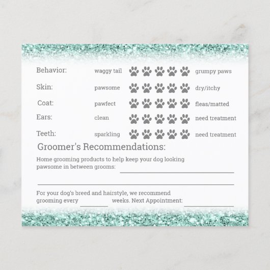 Mint Green Glitzer Dog Grooming Report Card Flyer (Hinten)