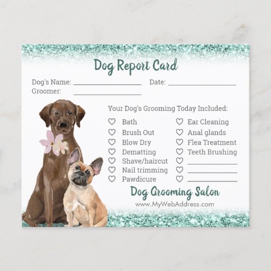 Mint Green Glitzer Dog Grooming Report Card Flyer (Vorne)