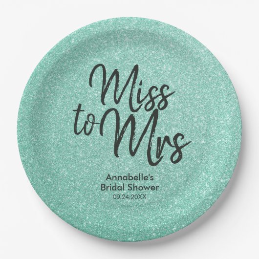 Mint Green Glitzer Girly Miss zu Mrs. Brautparty Pappteller (Vorderseite)