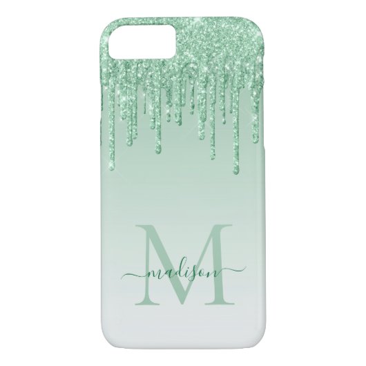 Mint Green Glitzer Tropfen Sparkle Monogram Script Case-Mate iPhone Hülle (Rückseite)