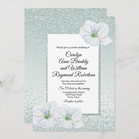 Mint Green Glitzer und Blume Einladung Hochzeit (Vorne/Hinten)