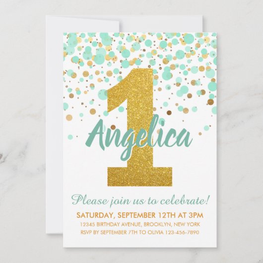 Mint Green Gold 1. Geburtstag Confetti Geburtstag Einladung (Vorderseite)