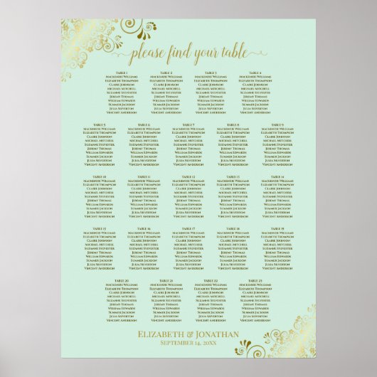 Mint Green & Gold 23 Table Wedding Seating Chart Poster (Vorne)