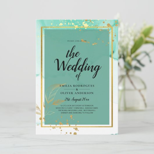 Mint Green Gold Alkohol Tinte Abstrakt Hochzeit Einladung (Stehend Vorderseite)