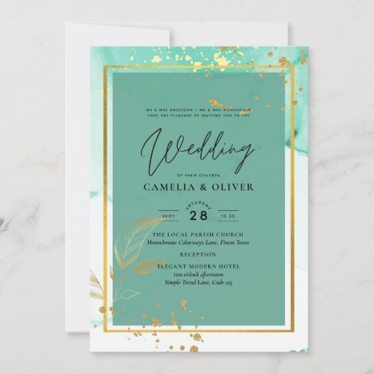 Mint Green Gold Alkohol Tinte Abstrakt Hochzeit Einladung (Vorderseite)