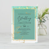 Mint Green Gold Alkohol Tinte Abstrakt Hochzeit Einladung (Stehend Vorderseite)