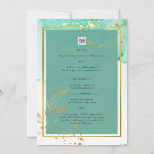 Mint Green Gold Alkohol Tinte Abstrakt Hochzeit Einladung (Rückseite)